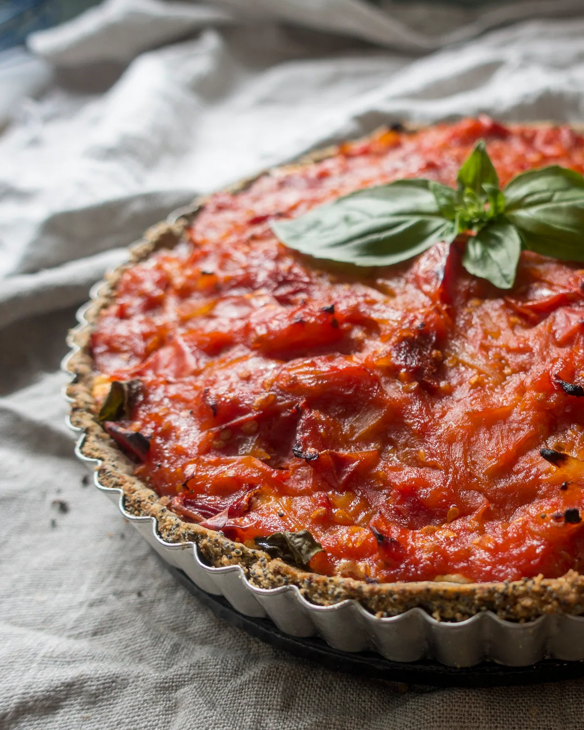 A savory tomato and basil tart fresh from the oven
